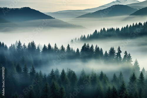 Misty landscape with fir forest © Kien