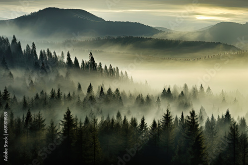 Misty landscape with fir forest