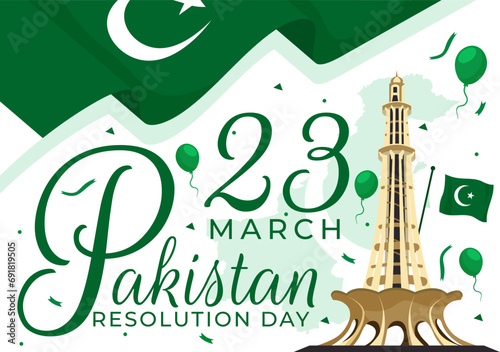 Happy Pakistan Resolution Day Vector Illustration on 23 March with Waving Flag and Landmarks in National Holiday Flat Cartoon Background Design