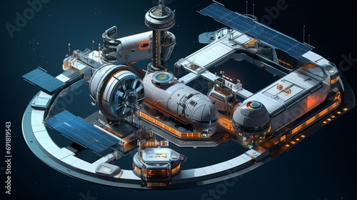 Fototapeta Naklejka Na Ścianę i Meble -  A sustainably built space station in isometric view showcasing smart materials