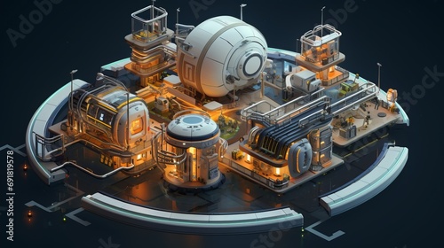 A sustainably built space station in isometric view showcasing smart materials photo