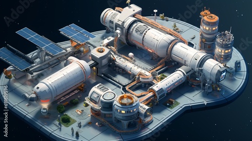 Fototapeta Naklejka Na Ścianę i Meble -  A sustainably built space station in isometric view showcasing smart materials