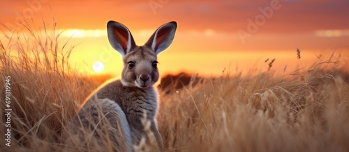 Sundown scenery of a kangaroo baby in grass field. photo