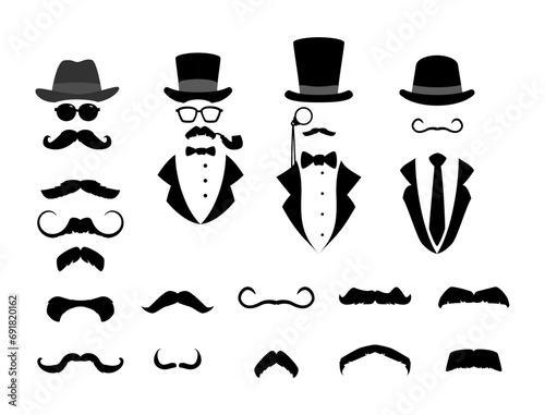 Set of different mustaches black silhouettes flat style, vector illustration