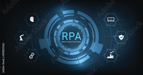 Robotic process automation (RPA ) concept. Business machines technology with support factory service provider industry 4.0 with precision machines for more efficient productivity. 