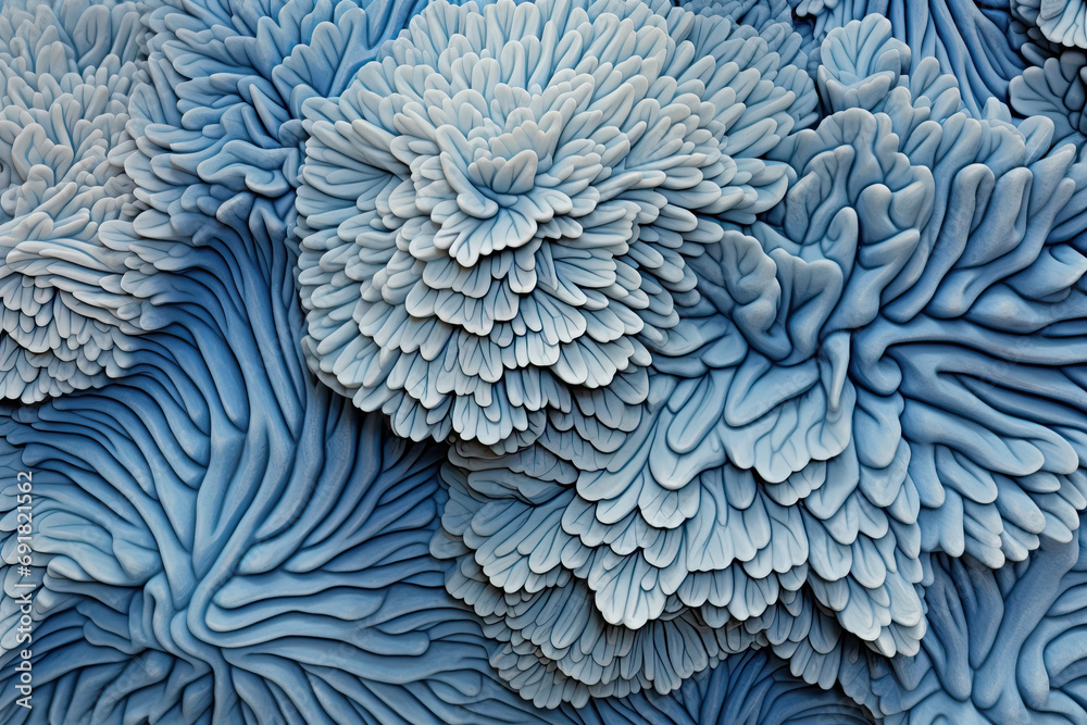 Close-up of a blue coral reef. Biophilic design. Organic abstract background