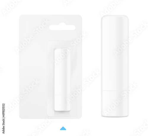 Lipstick care tube mockup with blister packaging. Front view. Vector illustration isolated on grey background. Can be use for your design, advertising, promo and etc. EPS10.