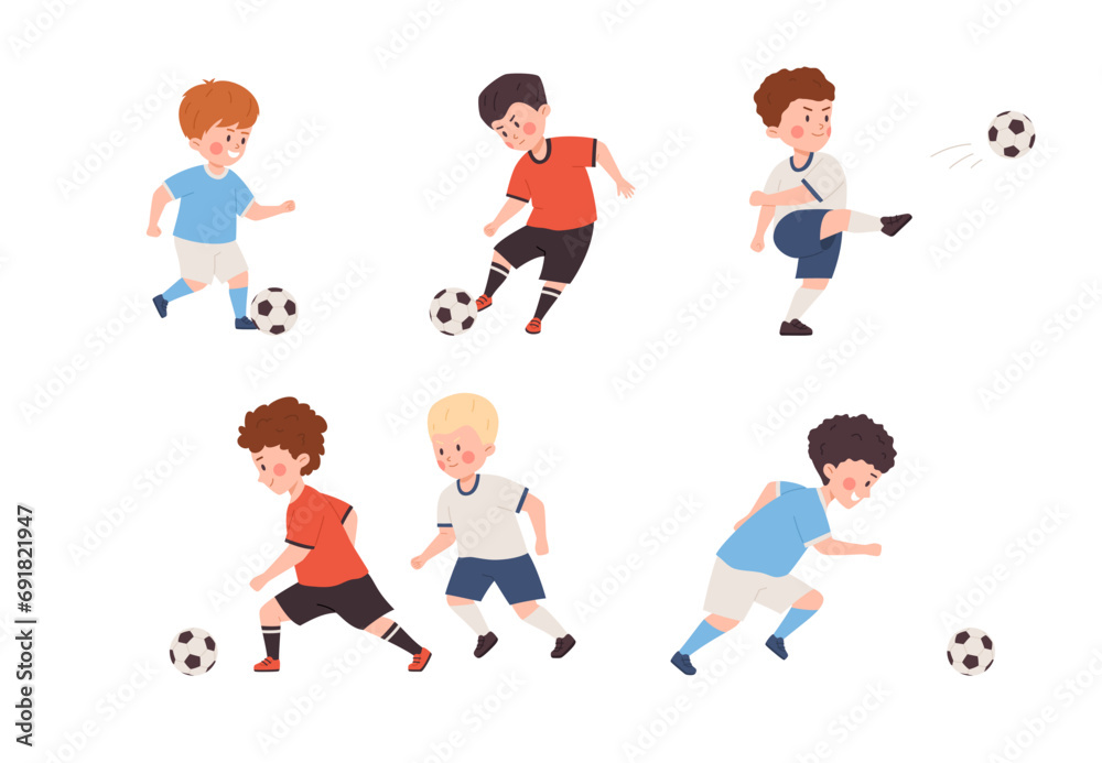 Little children play football, happy boys playing soccer, have fun together, sport team game vector illustrations set