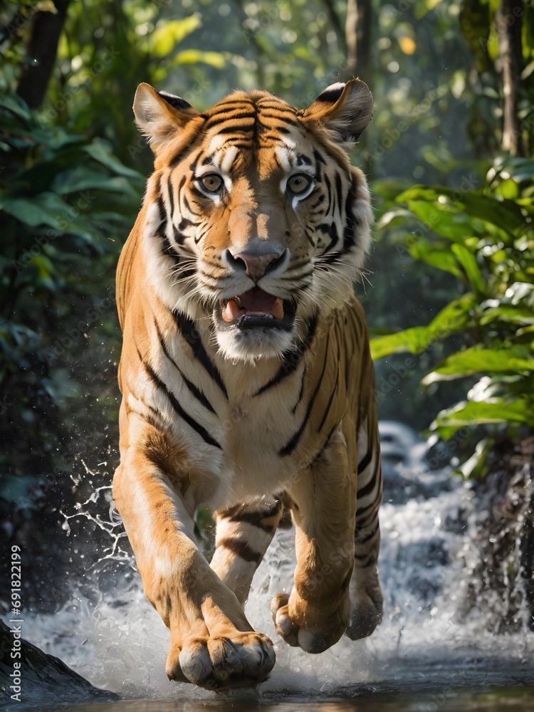 tiger in the wild, portrait of tiger in the fantasy jungle,running tiger 