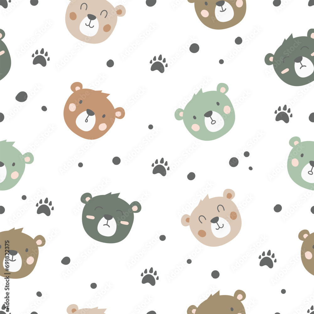 Colorful cute bear seamless pattern. Hand-drawn style. Cartoon animal background. Childish pattern for fabric, textile, wallpaper, wrapping paper, print designs. Vector illustration