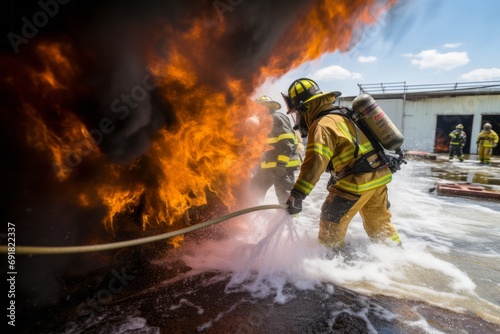 Firefighters engaged in rescue training, combating flames with fire hoses, chemicals, water, and foam