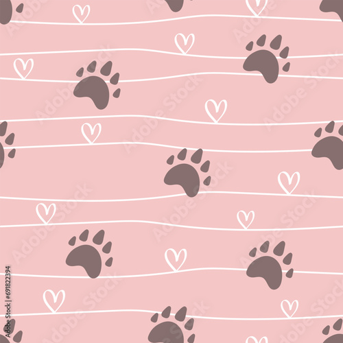 Hand-drawn seamless pattern with cute footprint and love. Bear footprint. For print designs, wallpaper, wrapping paper, fabric, textile