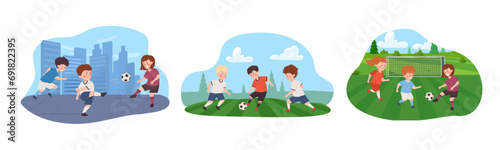 Children play football, happy girls and boys playing soccer on play-field, lawn, on city site vector illustrations set