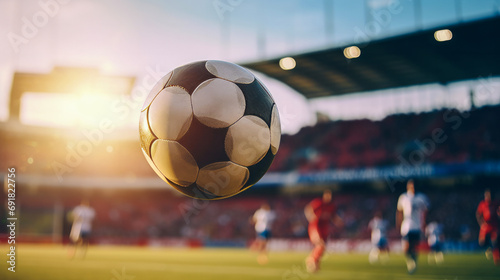 Soccer ball flying to camera, in background out of depth of field blurred soccer players and stands full of fans