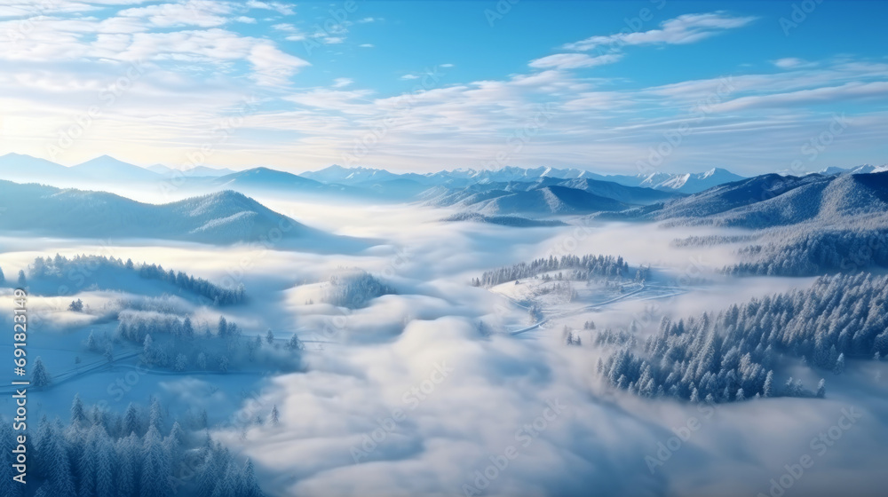 Panorama of winter foggy mountain landscape under blue sky