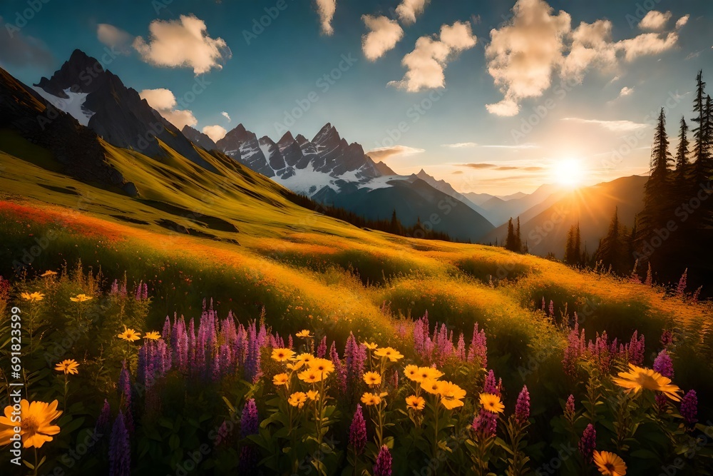 Majestic mountain peaks bathed in the golden glow of sunrise, surrounded by vibrant wildflowers in a lush alpine meadow. - obrazy, fototapety, plakaty 