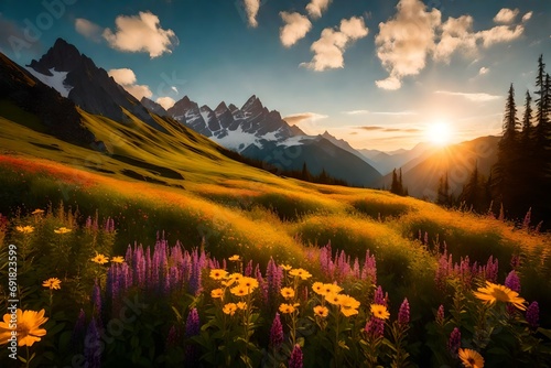 Majestic mountain peaks bathed in the golden glow of sunrise, surrounded by vibrant wildflowers in a lush alpine meadow.