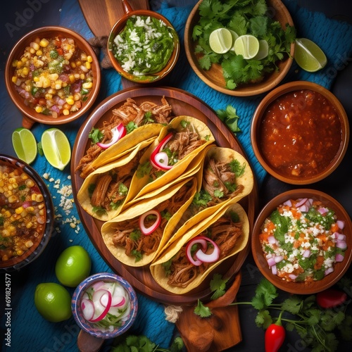 Mexican food. Tacos with beef, corn, salsa, quesadilla, guacamole, corn tortillas on a dark blue background. Top view