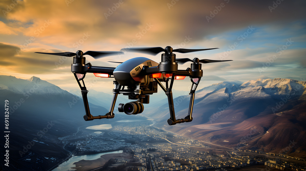 Drone quad copter with high resolution digital camera on the sky mountain and city background. Generative Ai.