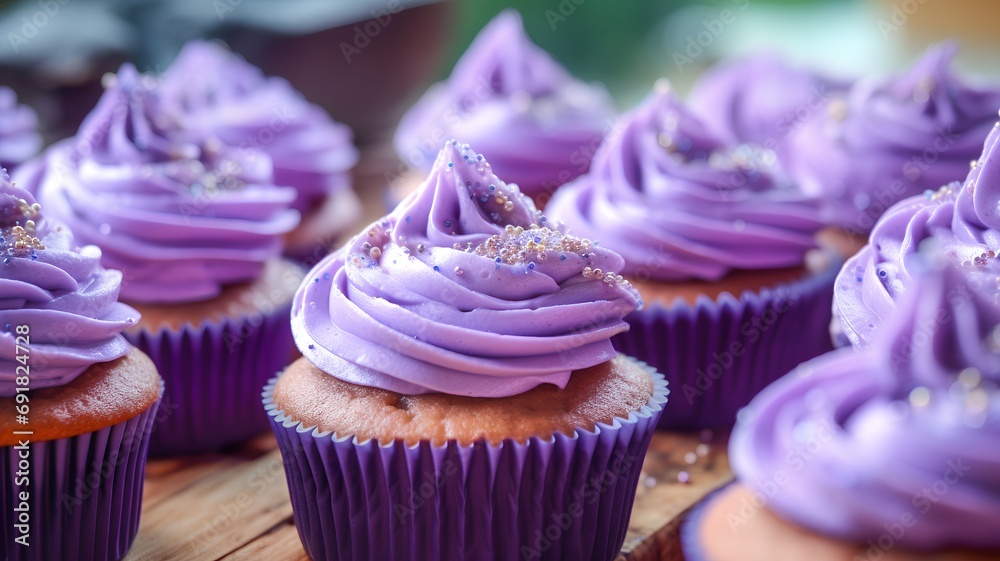 Cupcakes decorated with purple buttercream frosting, selective focus