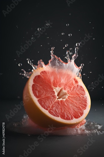 Fresh grapefruit with water splash on black background. Citrus fruit.