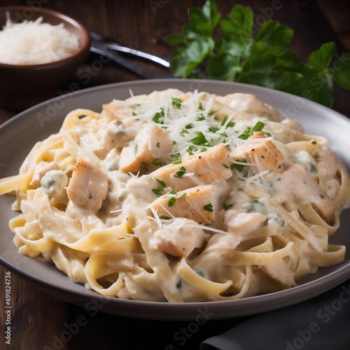 Fettuccine Alfredo with chicken and cheese, selective focus