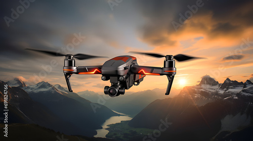 Drone quad copter with high resolution digital camera on the sky mountain and city background. Generative Ai.