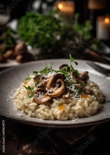 Risotto with mushrooms and arugula. Dark background. photo