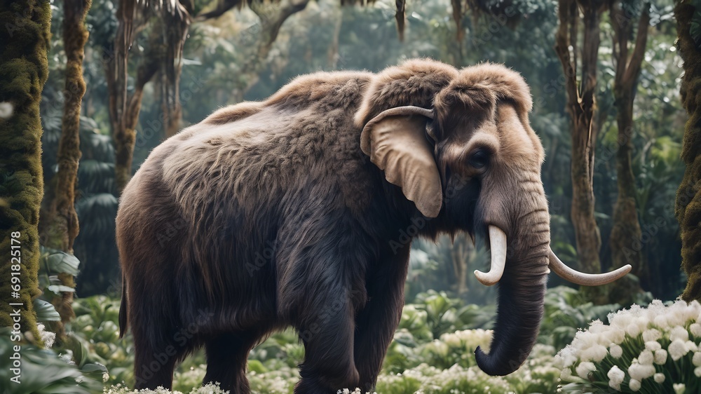 Obraz premium Mammoths elephent in snow mountain, in flower jungle ,fantasy photography 