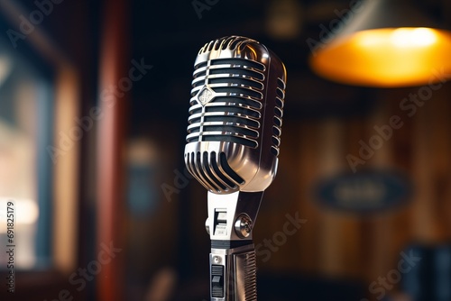 A vintage radio station microphone, ideal for live podcasts, broadcast shows, and recording studios photo