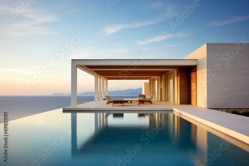 A minimalist villa featuring a pool and an expansive ocean view on the horizon photo