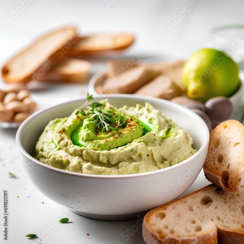 Bowl of hummus with olive oil, lime and spices on white background