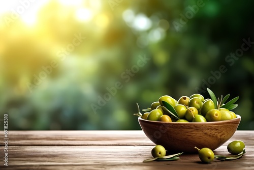 Green olives in bowl on wooden table and bokeh background