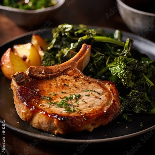 Grilled pork chop with kale and potato on black plate over wooden table