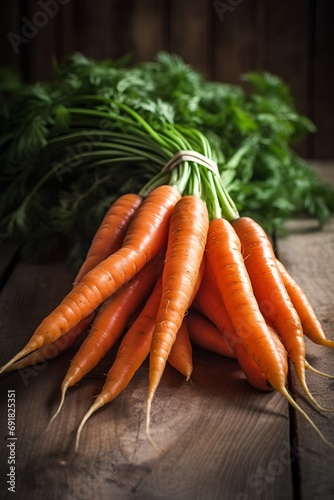Bunch of fresh carrots on rustic wooden background, healthy food