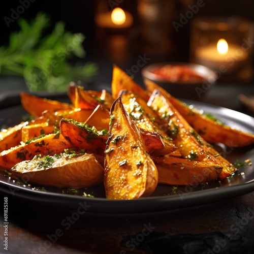 Baked sweet potato wedges with herbs and spices on a black plate photo