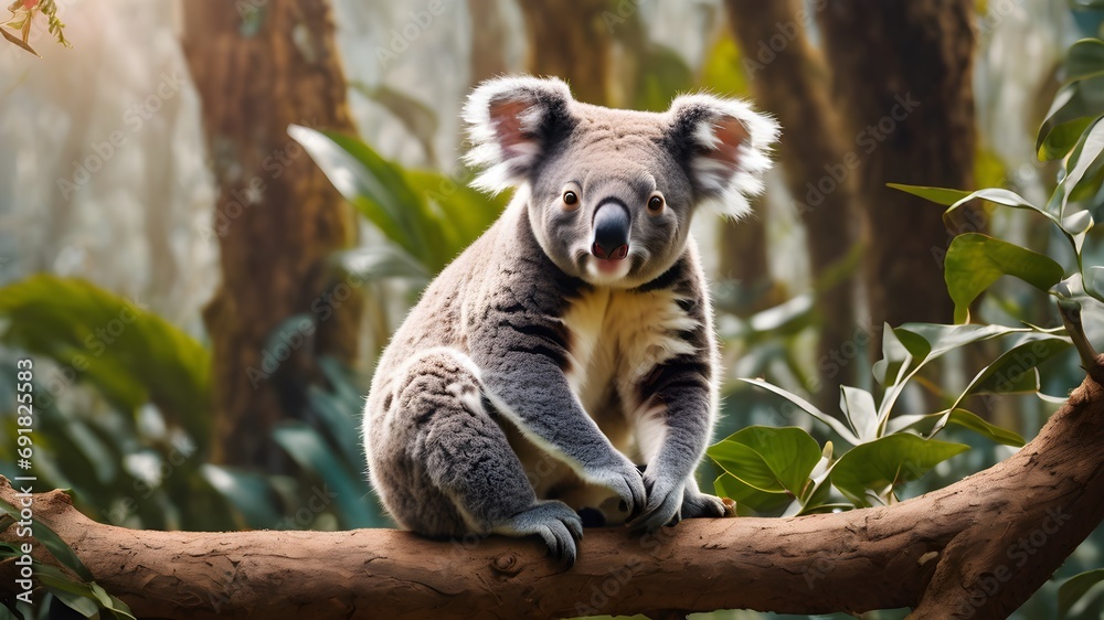 Fototapeta premium koala cub running , portrait of koala in the flower , wild jungle 