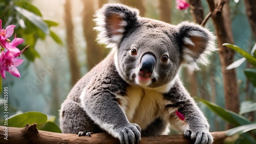 koala cub running   portrait of koala in the flower   wild jungle 