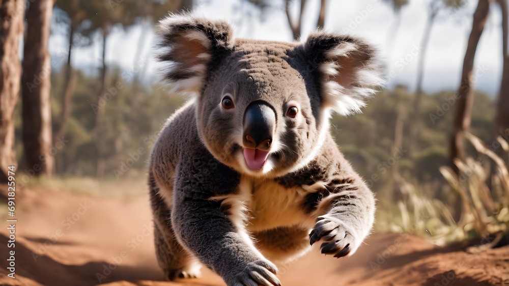 Obraz premium koala cub running , portrait of koala in the flower , wild jungle 