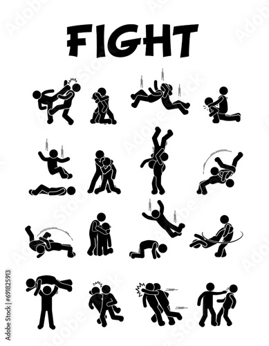 STICK FIGURE VECTOR ILLUSTRATION, STICKMAN, PICTOGRAM FIGHTING, BRAWLING, ATTACKING
