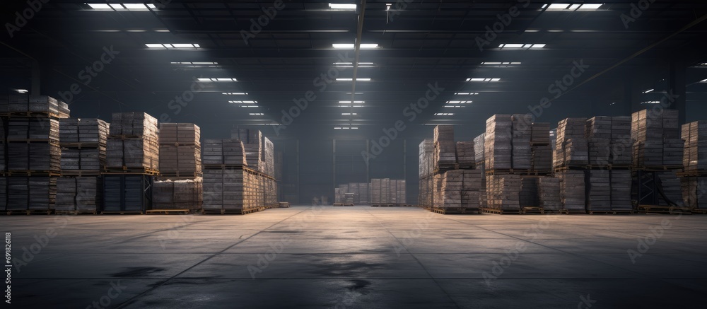 Deserted storage area filled with neatly stacked pallets in a gloomy warehouse for distribution and logistics. - obrazy, fototapety, plakaty 