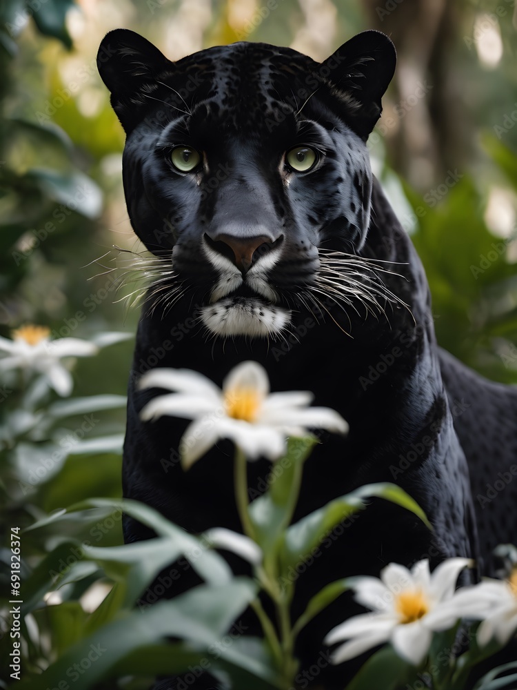 Portrait of a black jaguar in the forest, flower , in the fantasy jungle,