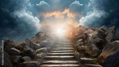 Mystical sky light catholic stone staircase ascending through clouds towards a radiant light, suggesting a journey to a heaven realm, surrounded by the drama of a stormy sky.