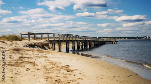 Tranquil Beach Landscape with Bridge over Calm Water © Emma