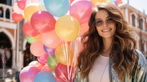 Beautiful young woman in sunglasses with colorful balloons © tashechka