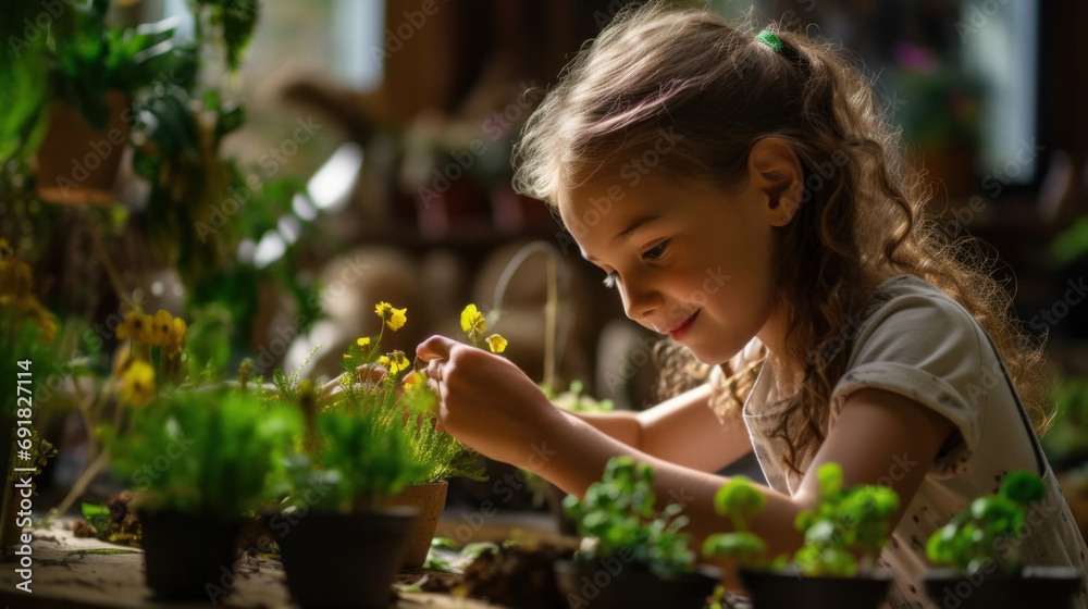 Fototapeta premium Cute little girl planting seedlings in pots at home. Selective focus.