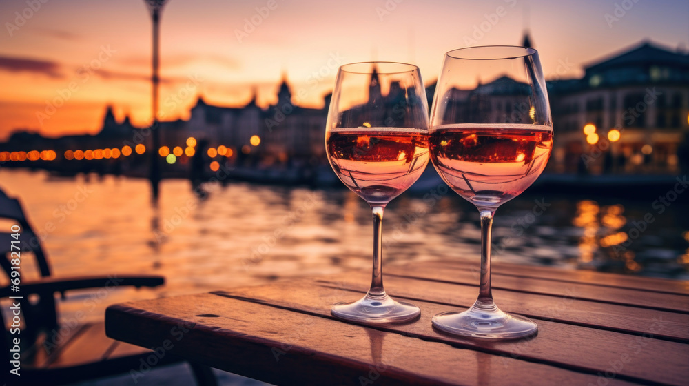 Two glasses of rose wine on the background of lake at sunset,