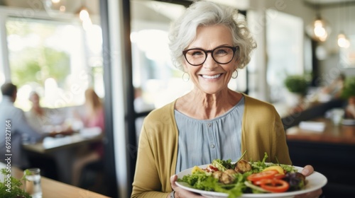 Delicious salad. Cheerful senior woman holding a salad and smiling while standing in the cafe photo