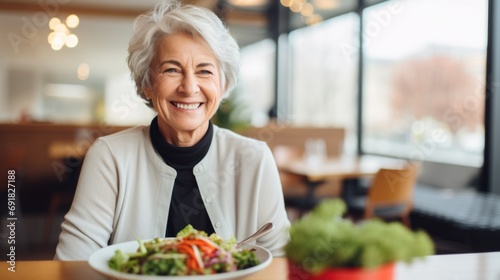 Portrait of smiling senior woman eating salad in cafe. Senior lady looking at camera.