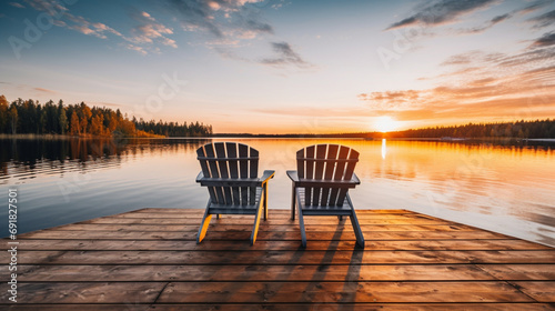 Tranquil Sunrise over Reflection of Wood Seat by Lake